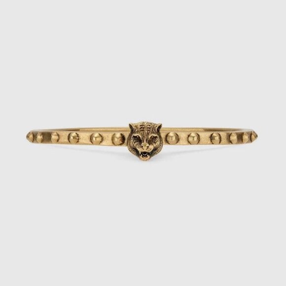 Gucci Metal Studded Feline Head Bracelet in Aged Gold - Picture 1 of 11